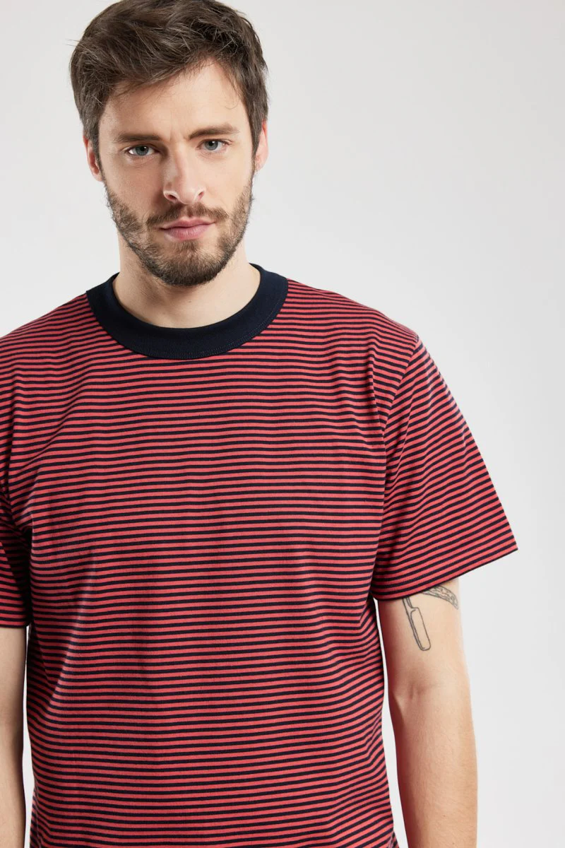 Striped Heritage T Shirt - Rich Navy / Cardinal - Image 3